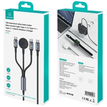 Kabel USAMS Huan Series SJ754 72W USB-C  do USB-C + USB-C + ładowarka bezprzewodowa do zegarka tarnish