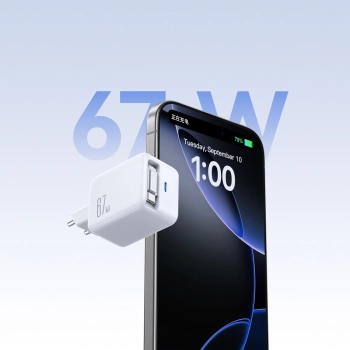 Ładowarka sieciowa Joyroom JR-TCL06 67W GaN z wbudowanym zwijanym kablem USB-C - biała