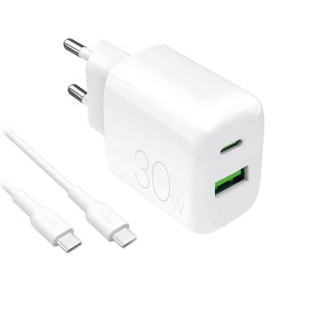 Ładowarka sieciowa Puro PROLITE 30W USB-A / USB-C + kabel USB-C - USB-C 1.2m - biała