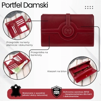 Portfel damski skórzany czerwony duży na ramię elegancki