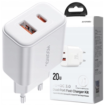 Szybka dwuportowa ładowarka sieciowa 20W USB-C / USB-A Joyroom JR-TCF05 - biała + kabel USB-C - Lightning 1m