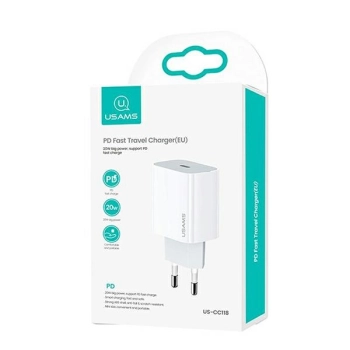 USAMS Ład. siec. 1xUSB-C T34 20W 5V-3A(only head) PD3.0 Fast Charging biały/white CC118TC01 (US-CC118)