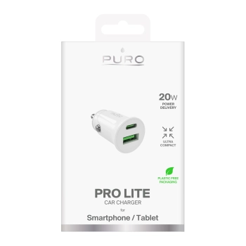 Ładowarka samochodowa Puro Pro Lite 1x USB-A + 1x USB-C Power Delivery 20W - biała