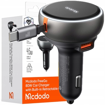 MCDODO MOCNA SZYBKA ŁADOWARKA SAMOCHODOWA 3X USB USB-C PD 80W LED KABEL 1M