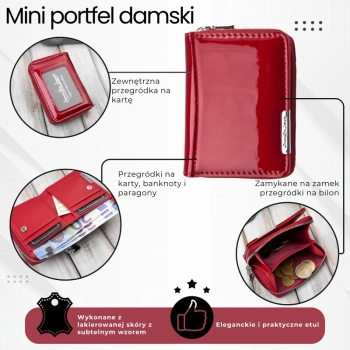 Portfel damski skórzany mini lakierowany ze skóry naturalnej