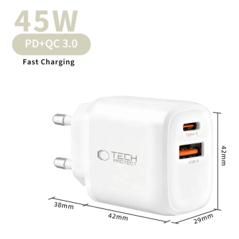 TECH-PROTECT NCA45W-GAN 2-PORT NETWORK CHARGER PD 45W / QC3.0 + TYPE-C CABLE WHITE
