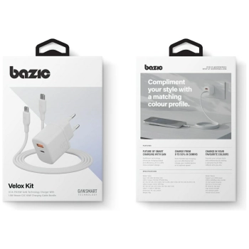 Ładowarka sieciowa Bazic Goport Velox    Kit 1xUSB-C 1xUSB-A GaN 35W z kablem plecionym biały