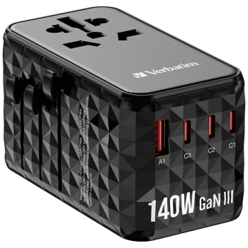 Verbatim Adapter podróżny EU/UK/US GaNUSB-A/3xUSB-C PD 140W UTA-10 czarny/black 32125