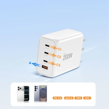 TECH-PROTECT NC200W-GAN 4-PORT NETWORK CHARGER PD 200W / QC3.0 WHITE