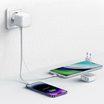 USAMS Ład. siec. 1xUSB-C ze zwijanymkablem Lighning Retractable PD+QC 35W Gan Fast Charging biały/white XMF Series CC209TC02 (US-CC209)