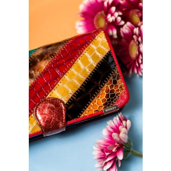 Duży rozbudowany portfel patchwork damski skórzany na karty portmonetka