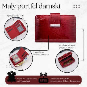 Portfel damski skórzany lakierowany mały z tłoczeniem croco