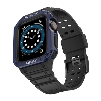Protect Strap Band opaska z etui do Apple Watch 7 / 6 / 5 / 4 / 3 / 2 / SE (45 / 44 / 42mm) obudowa pancerny pokrowiec na zegarek czarny / niebieski