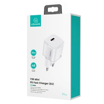 USAMS Ład. siec. 1xUSB-C T36 mini 20W+ kabel USB-C-Lightning biały/white PD3.0 Fast Charging XFKXLOGTL02 (US-CC124+US-SJ484)