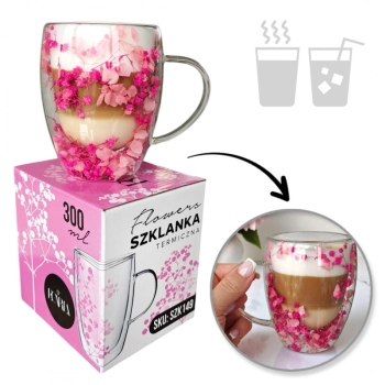 Szklanka termiczna z kwiatami w środku, gipsówka hortensje róż 300 ml 1szt SZK149