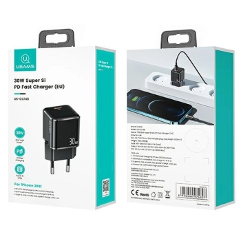 USAMS Ład. siec. 1xUSB-C T45 mini 30W(only head) PD3.0 Fast Charging czarny/black CC148TC01 (US-CC148)