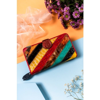 Duży rozbudowany portfel patchwork damski skórzany na karty portmonetka
