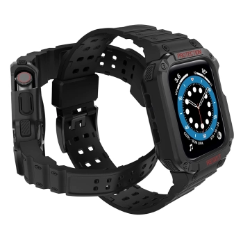 Protect Strap Band opaska z etui do Apple Watch 9 / 8 / 7 / 6 / 5 / 4 / 3 / 2 / SE / SE2 (41 / 40 / 38mm) obudowa pancerny pokrowiec na zegarek czarny