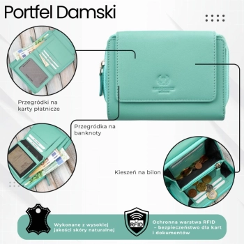 Portfel damski skórzany miętowy duży w orientacji poziomej z RFID Paolo Peruzzi SL-07-MNT