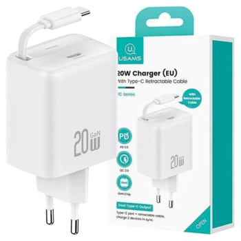 USAMS Ład. siec. 1xUSB-C ze zwijanymkablem USB-C Retractable PD+QC 20W Gan Fast Charging biały/white YC Series CC233TC02 (US-CC233)