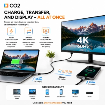 CO2 KABEL USB-C SZYBKIE ŁADOWANIE THUNDERBOLT 3 20GBPS 100W USB TYP C 4K 1M