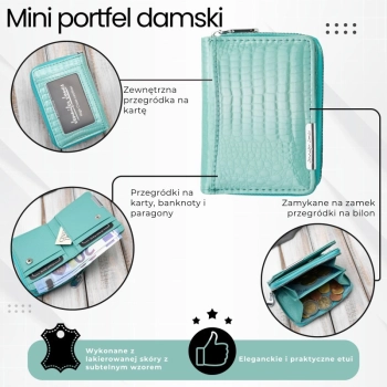 Portfel damski skórzany mini miętowy na co dzień elegancki