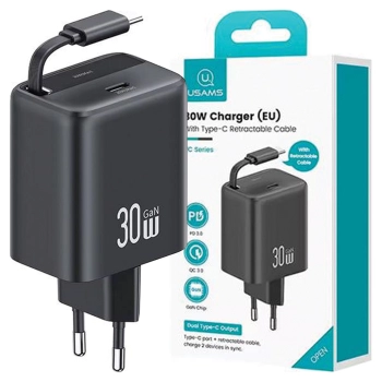 USAMS Ład. siec. 1xUSB-C ze zwijanymkablem USB-C Retractable PD+QC 30W Gan Fast Charging czarny/black YC Series CC241TC01 (US-CC241)