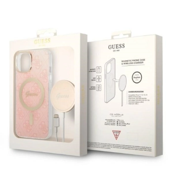 Zestaw Guess GUBPP14MH4EACSP Case+ Charger iPhone 14 Plus / 15 Plus 6.7 różowy/pink hard case 4G Print MagSafe