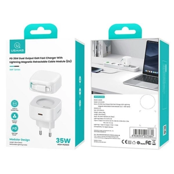 USAMS Ład. siec. 1xUSB-C ze zwijanymkablem Lighning Retractable PD+QC 35W Gan Fast Charging biały/white XMF Series CC209TC02 (US-CC209)