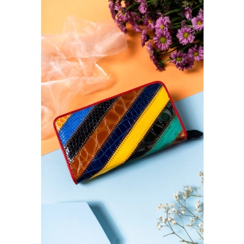 Duży rozbudowany portfel patchwork damski skórzany na karty portmonetka