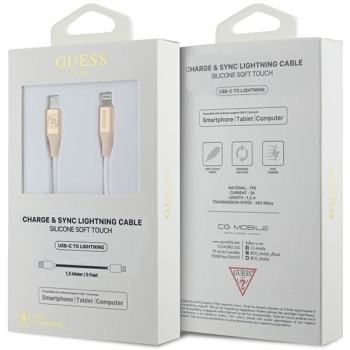 Guess GUCLLALRGDD kabel USB-C -Lightning 1.5m Fast Charging złoty/light gold Ebossed Logo