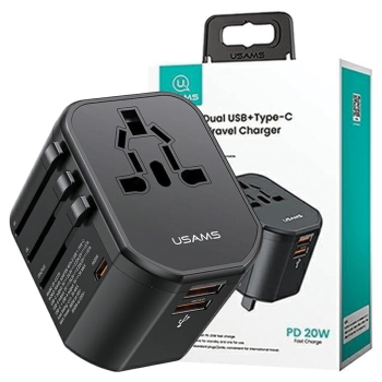 USAMS Adapter siec 2xUSB+1xUSB-C T59 20W4w1 US/AU/EU/UK czarny/black CC179TC01 (US-CC179) Universal Travel Charger