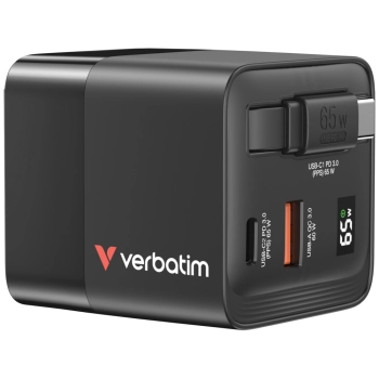Verbatim Ładowarka sieciowa GaN 65W      2xUSB-C/USB-A + Adapter EU/UK/US czarny/black 32217