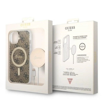 Zestaw Guess GUBPP14MH4EACSW Case+ Charger iPhone 14 Plus / 15 Plus 6.7 brązowy/brown hard case 4G Print MagSafe