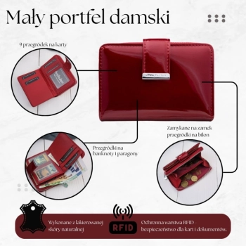 Portfel damski skórzany lakierowany z RFID ochroną danych