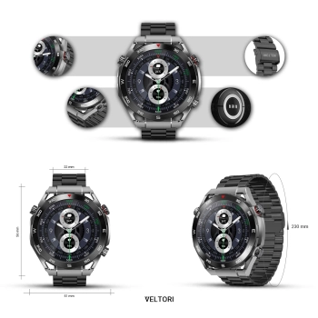 Smartwatch VELTORI VT100-1 + Czarny Pasek Silikonowy + Czarny Eko Skóra