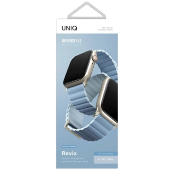 UNIQ pasek Revix Premium Apple WatchSeries 1/2/3/4/5/6/7/8/9/SE/SE2 38/40/41mm Edition Reversible Magnetic Leather biało-niebieski/arctic-soft blue