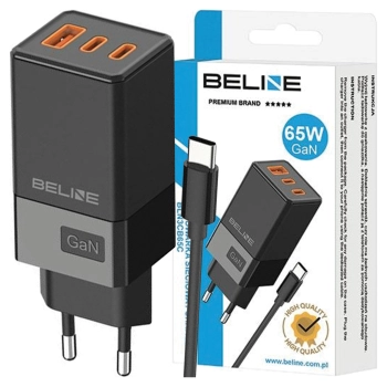 Beline Ład. siec. 2x USB-C + 1x USB 65W+ kabel USB-C czarny/black PD 3.0 + QC 3.0  BLN3CB65C GaN