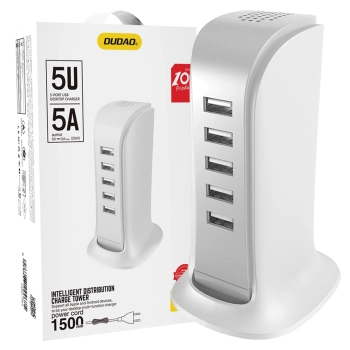 Dudao ładowarka sieciowa 5x USB z wbudowanym kablem sieciowym EU biały (A5EU)