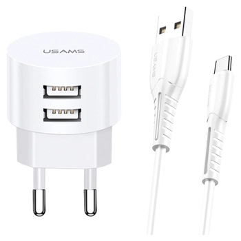 USAMS Ład. siec. 2xUSB T20 2,1A USB-Cbiały/white round Fast Charging XTXLOGT18TC05