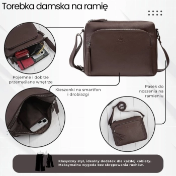 Torebka damska na ramię skórzana brązowa klasyczna miejska