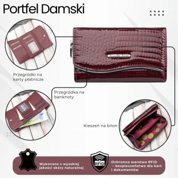 Portfel damski skórzany lakierowany z tłoczeniem croco
