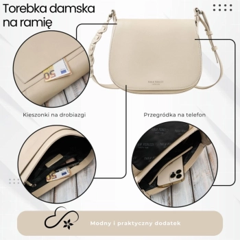 Torebka damska skórzana listonoszka na ramię modna beżowa