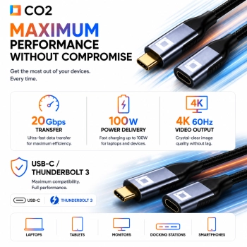 CO2 KABEL PRZEDŁUŻACZ USB-C SZYBKIE ŁADOWANIE USB TYP C 4K 20GBPS 100W 1M