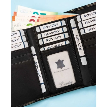 Portfel Rovicky skórzany damski ochrona RFID na zatrzask duży pojemny