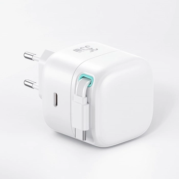 USAMS Ład. siec. 1xUSB-C ze zwijanymkablem USB-C Retractable PD+QC 35W Gan Fast Charging biały/white XMF Series CC202TC02 (US-CC202)