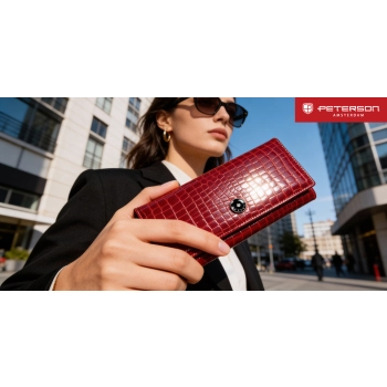 Portfel damski skórzany RFID czerwony lakierowany faktura CROCO Peterson