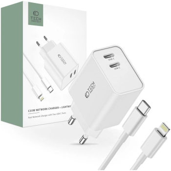 TECH-PROTECT C35W 2-PORT NETWORK CHARGER PD35W + LIGHTNING CABLE WHITE