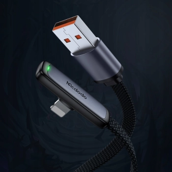 MCDODO KABEL KĄTOWY USB LIGHTNING PŁASKI 36W DO IPHONE 12 13 14 CZARNY 1M