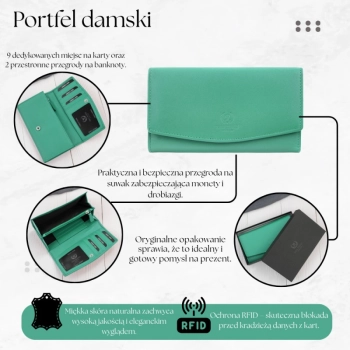 Portfel damski skórzany z RFID miętowy na prezent Paolo Peruzzi SL-11-MNT